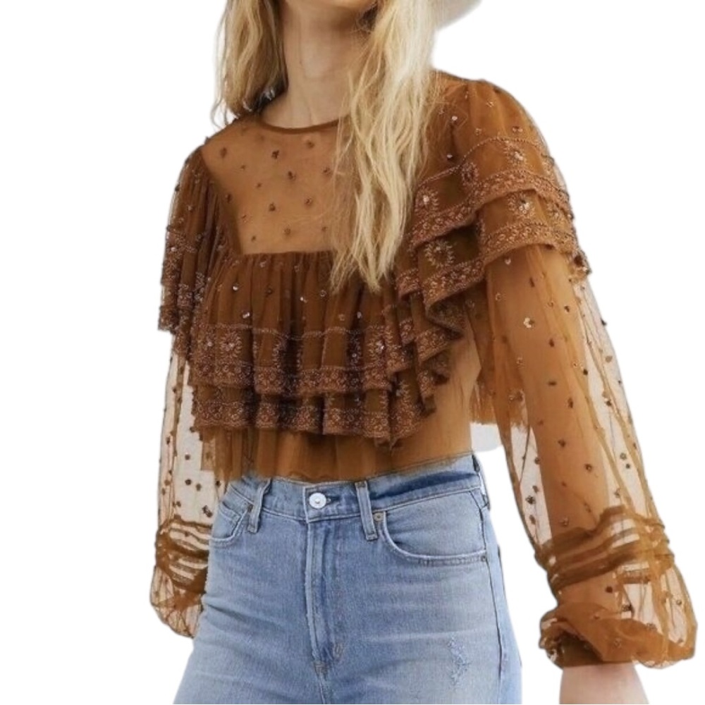 FREE PEOPLE Bronze Sequins Sheer Ruffle Top, size small - Picture 3 of 10